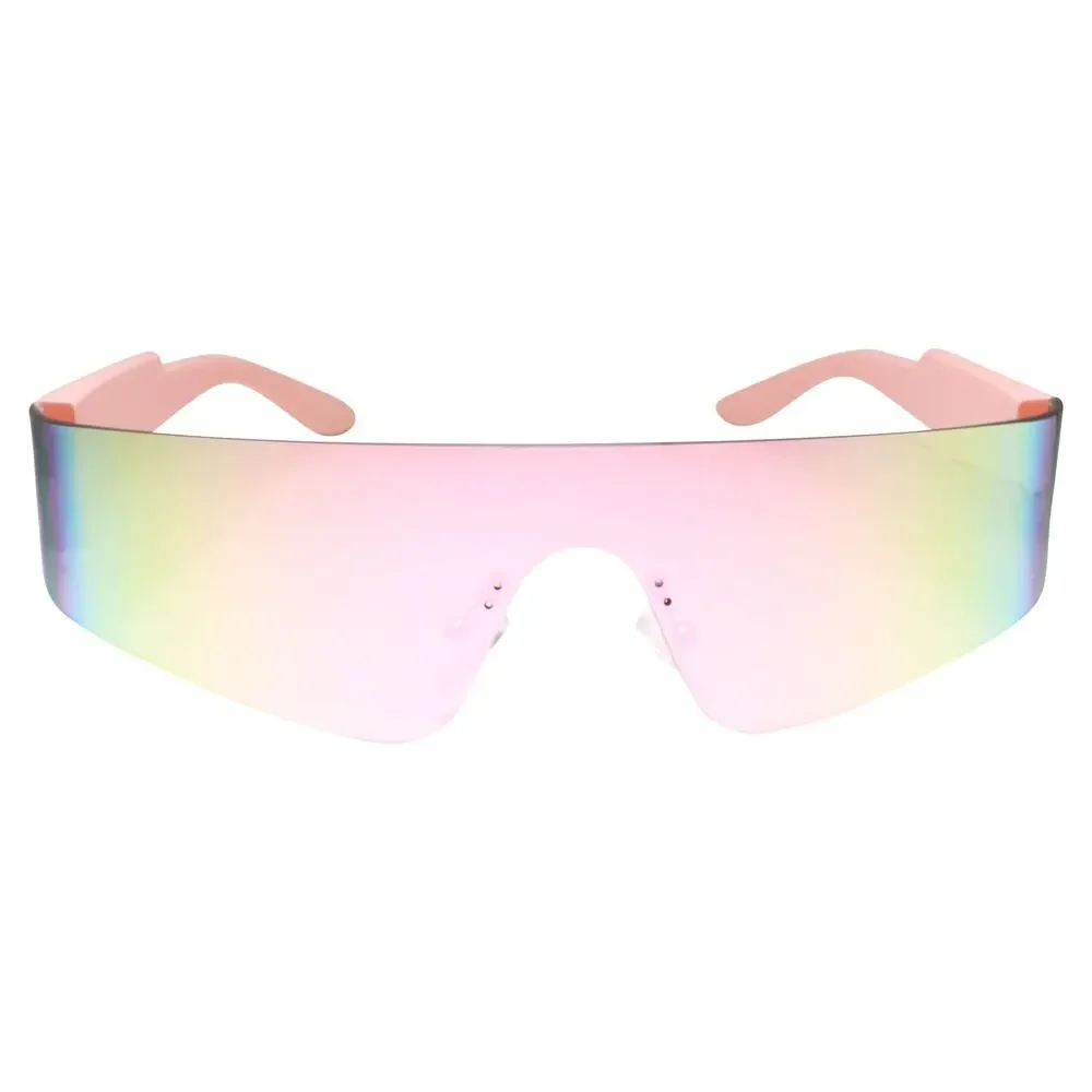 Trendy Rimless Futuristic Wrap Around Sunglasses Pink Mirrored Cyberpunk Visor